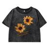 Retro Floral Printing Women Washed Short Clothing Breathable T-Shirt Street Fashion Tops Midriff-Baring O-Neck Tshirt