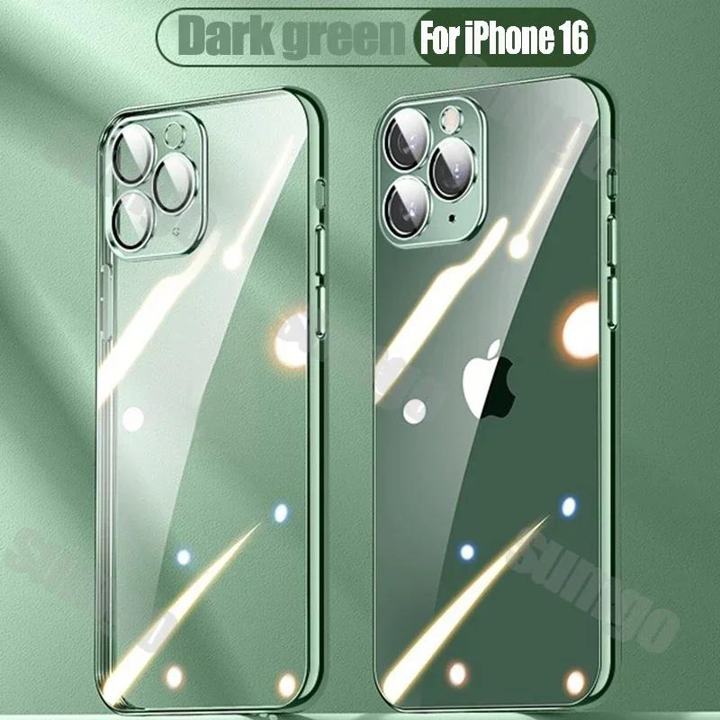 Silicone High Quality Plating Transparent Case For iPhone 16 15 14 13 12 11 Pro Max 16 Plus Lens Protector Shockproof Soft Cover