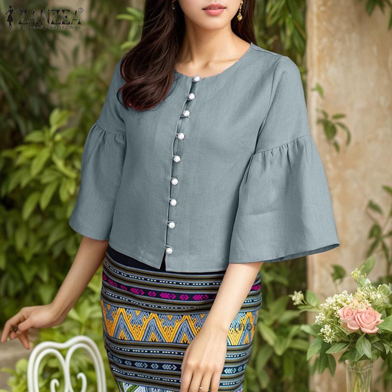 ZANZEA Женская повседневная однотонная блузка с круглым вырезом и рукавом 3/4