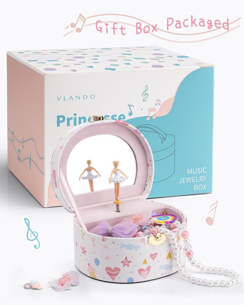 Vlando Birthday Gift Music Box Gift for Daughter Jewelry Box with Mirror Music Box Gift for Children Portable Ballet Recital Present Princess