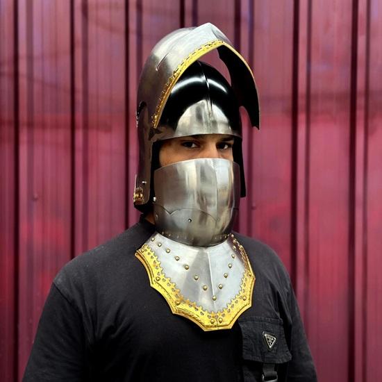 Medieval German Gothic Sallet Helmet 18 Gauge Steel with Brass Trim Knight Armor Helmet for LARP, Cosplay Reenactment