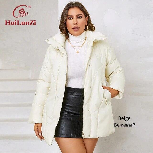 HaiLuoZi 2023 Новая женская зимняя куртка больших размеров с меховым капюшоном, толстая женская верхняя одежда с наклонным карманом, высококачественное женское пальто 1167