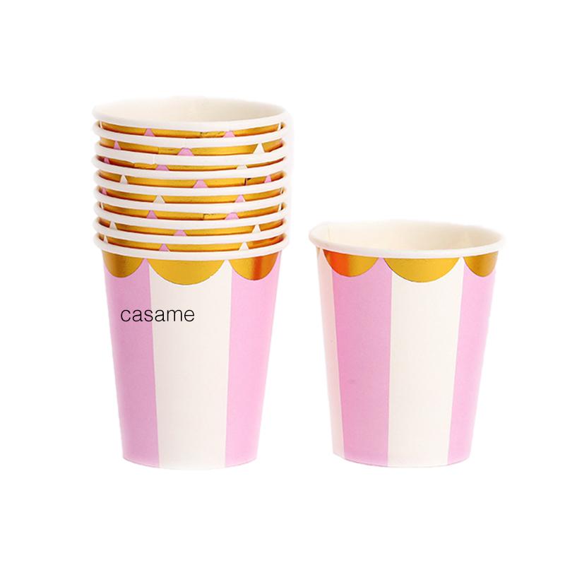10 шт. в 1 партии. Наборы одноразовой посуды в розовую синюю полоску и горошек. Бумажные стаканчики, тарелки, трубочки, вилки. Одноразовые наборы. Украшения для свадьбы, дня рождения и вечеринки.
