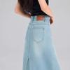 Women's Light Blue High-Waist Denim Midi Skirt with Back Slit and Double Buttons, Spring 2025 Collection – Elastic, Slimming Long Skirt