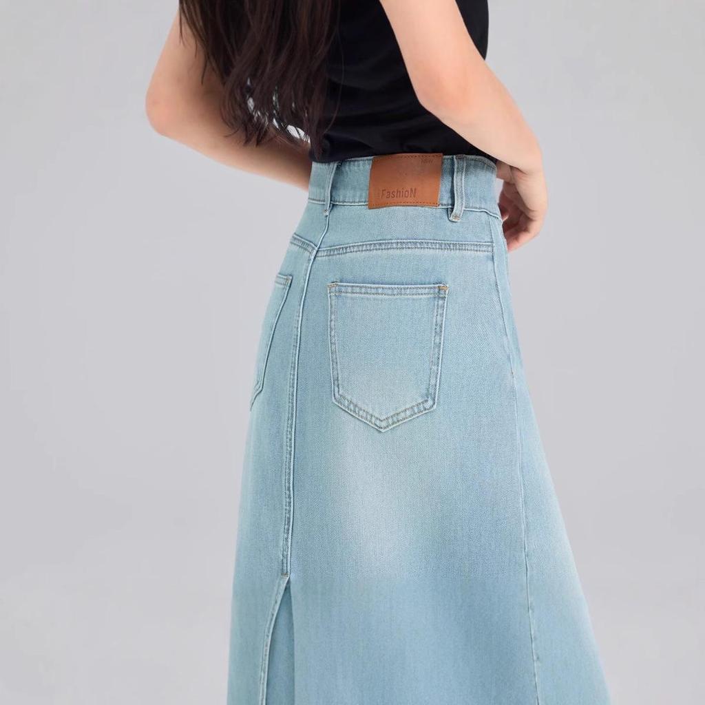 Women's Light Blue High-Waist Denim Midi Skirt with Back Slit and Double Buttons, Spring 2025 Collection – Elastic, Slimming Long Skirt