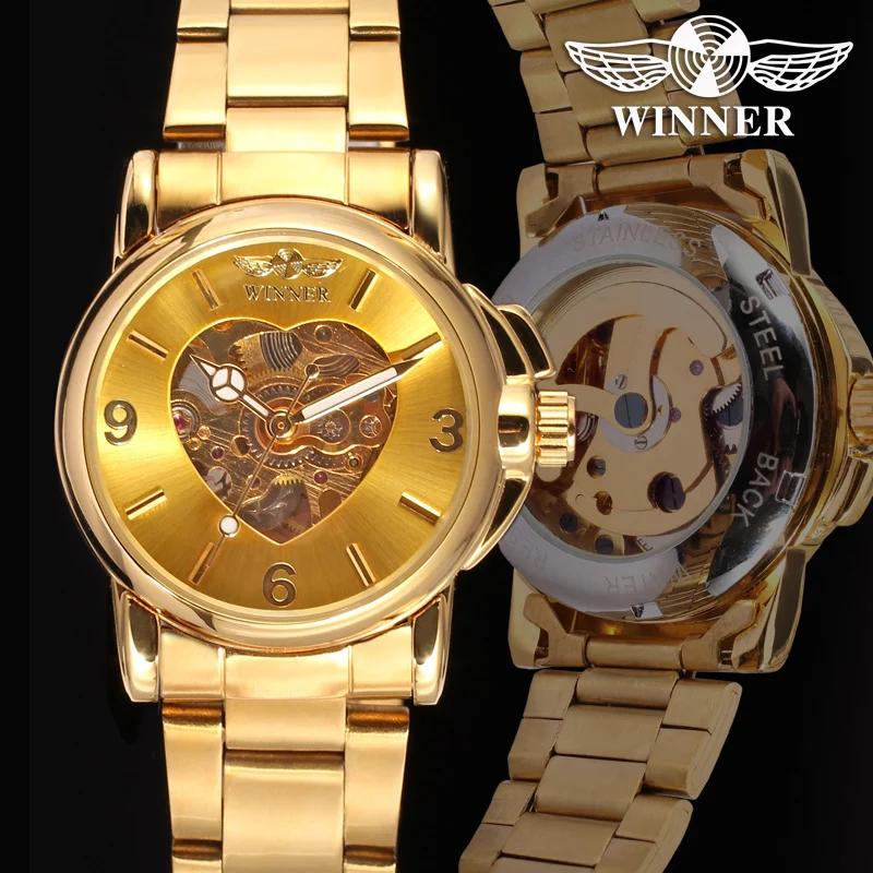 WINNER New Women Luxury Top Brand Automatic Mechanical Watch Golden Skeleton Love Stainless Steel Fashion Ladies Wrist Watch