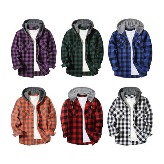 Fall Spring Men Shirt Hooded Drawstring Long Sleeves Color Matching Plaid Print Single-breasted Daily Wear School