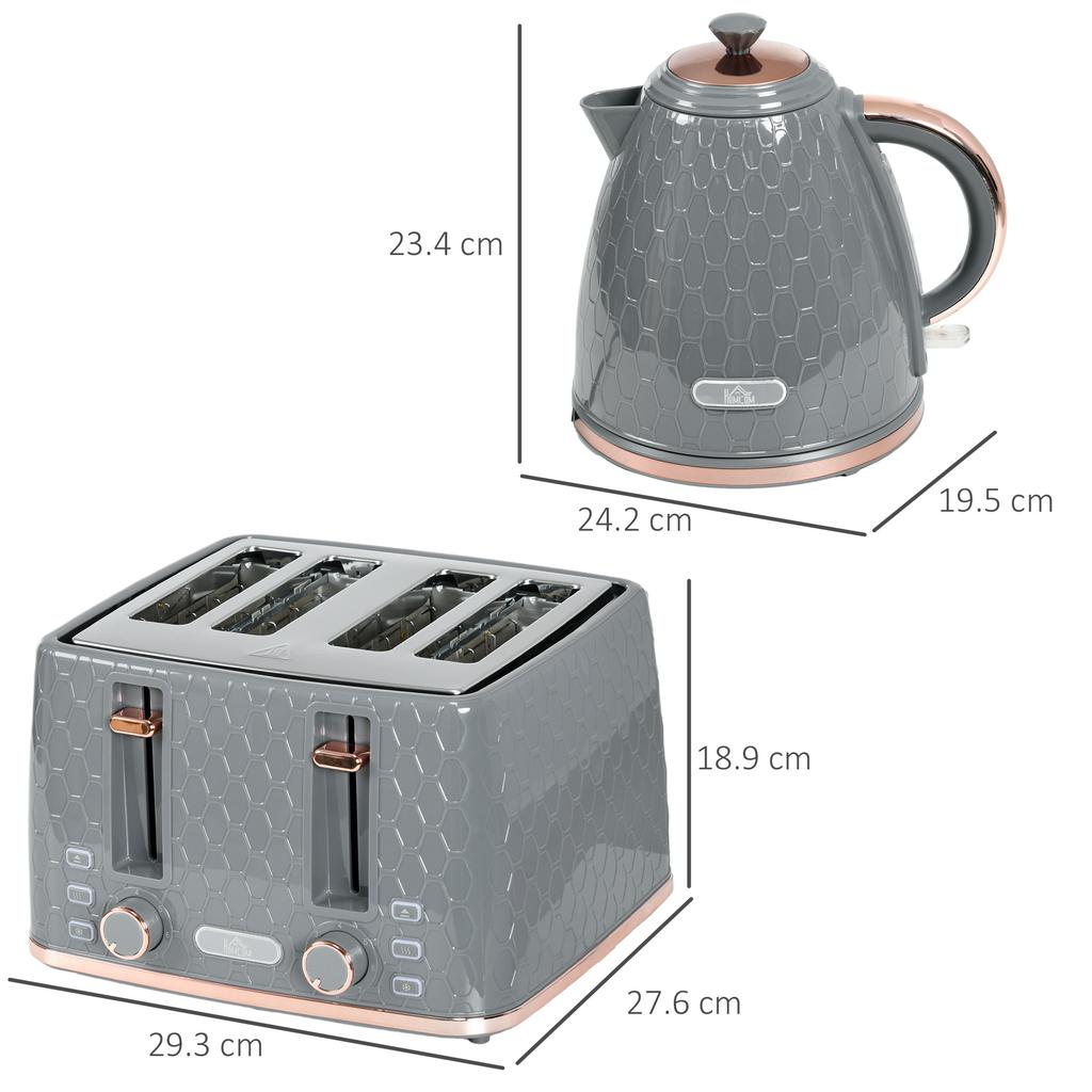 1.7L 3000W Fast Boil Kettle & 4 Slice Toaster Set, Kettle and Toaster Set with 7 Browning Controls, Crumb Tray, Grey