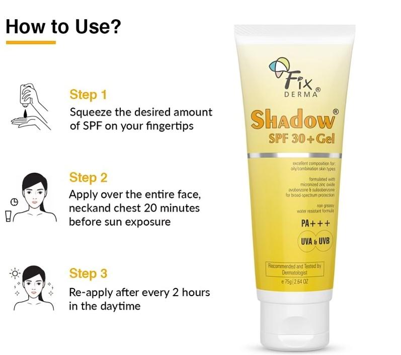 Fixderma Shadow Солнцезащитный гель SPF 30+ Для всех типов кожи, Защита PA+++, UVA UVB 75г