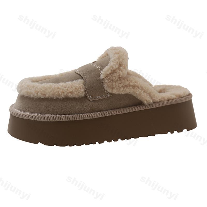 Winter Women Designer Fur Slippers Warm Boots Platform Flip Flops 2024 New Short Plush Flats Home Cotton Shoe Ladies Suede Mules