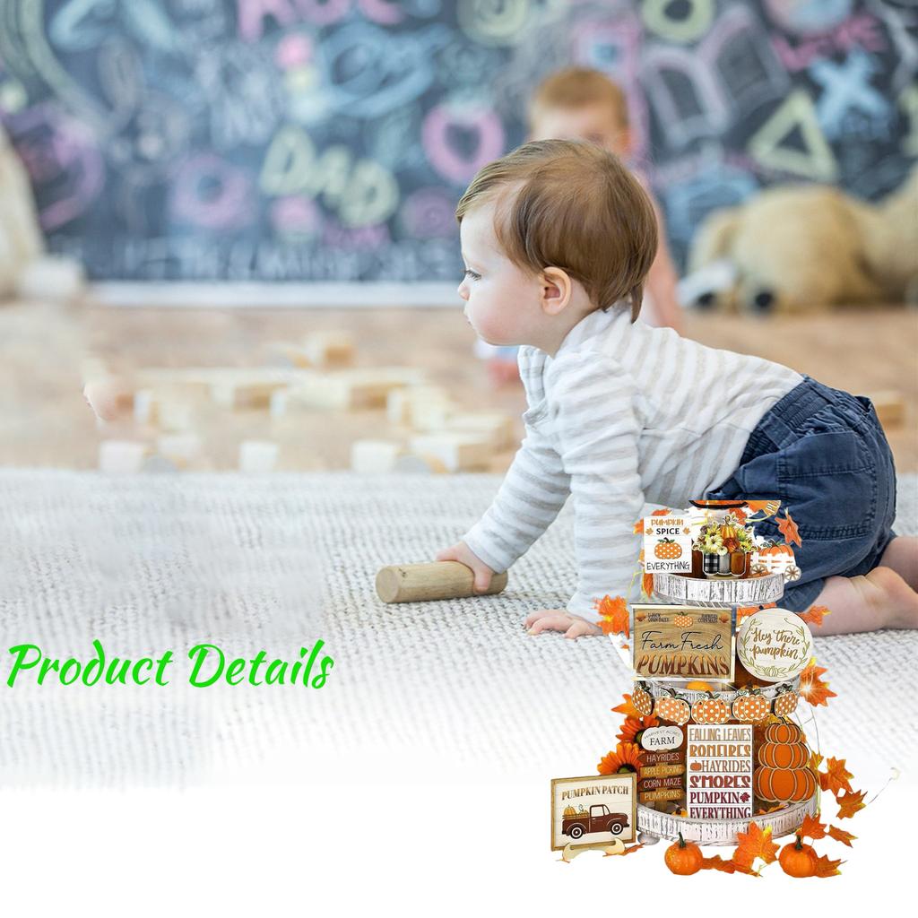Owis Fall Tiered Tray Decorations Set For Thanksgiving, Pumpkin Truck Wooden Tabletop Decor