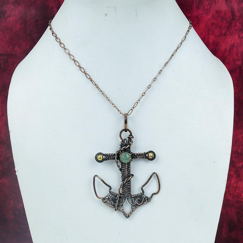 Moss Prehnite Gemstone Pendant Copper Wire Wrapped Jewelry Dainty Anchor Pendant
