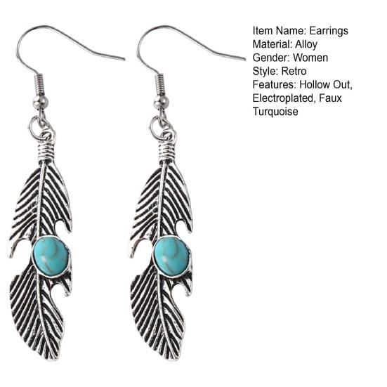 1 пара женских серег-крючков в форме пера в стиле ретро, ​​богемный стиль, искусственная бирюза, украшение для ушей, ювелирные изделия, длинные висячие серьги