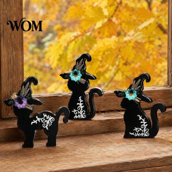 Halloween Decorations 3Pcs Decoration, Black Cat Ghost Witch Hat Table Decor, Spooky Rustic Farmhouse Wooden Centerpieces for Home Office Tiered Tray
