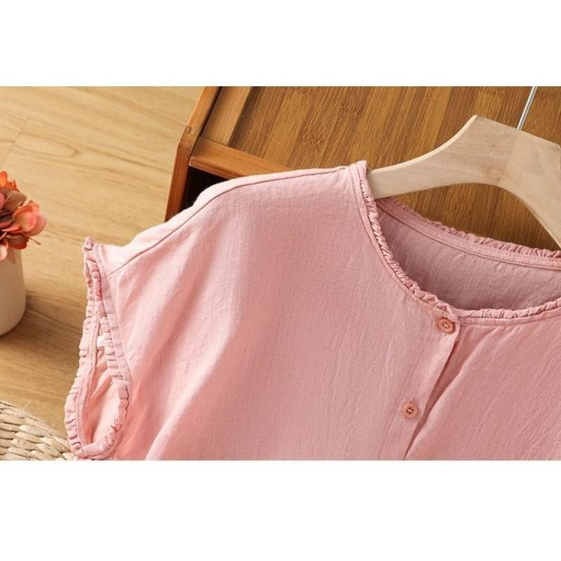 Women Solid Color Ruffle Linen Cotton Shirt Casual Cap Sleeve Breathable Summer Blouse