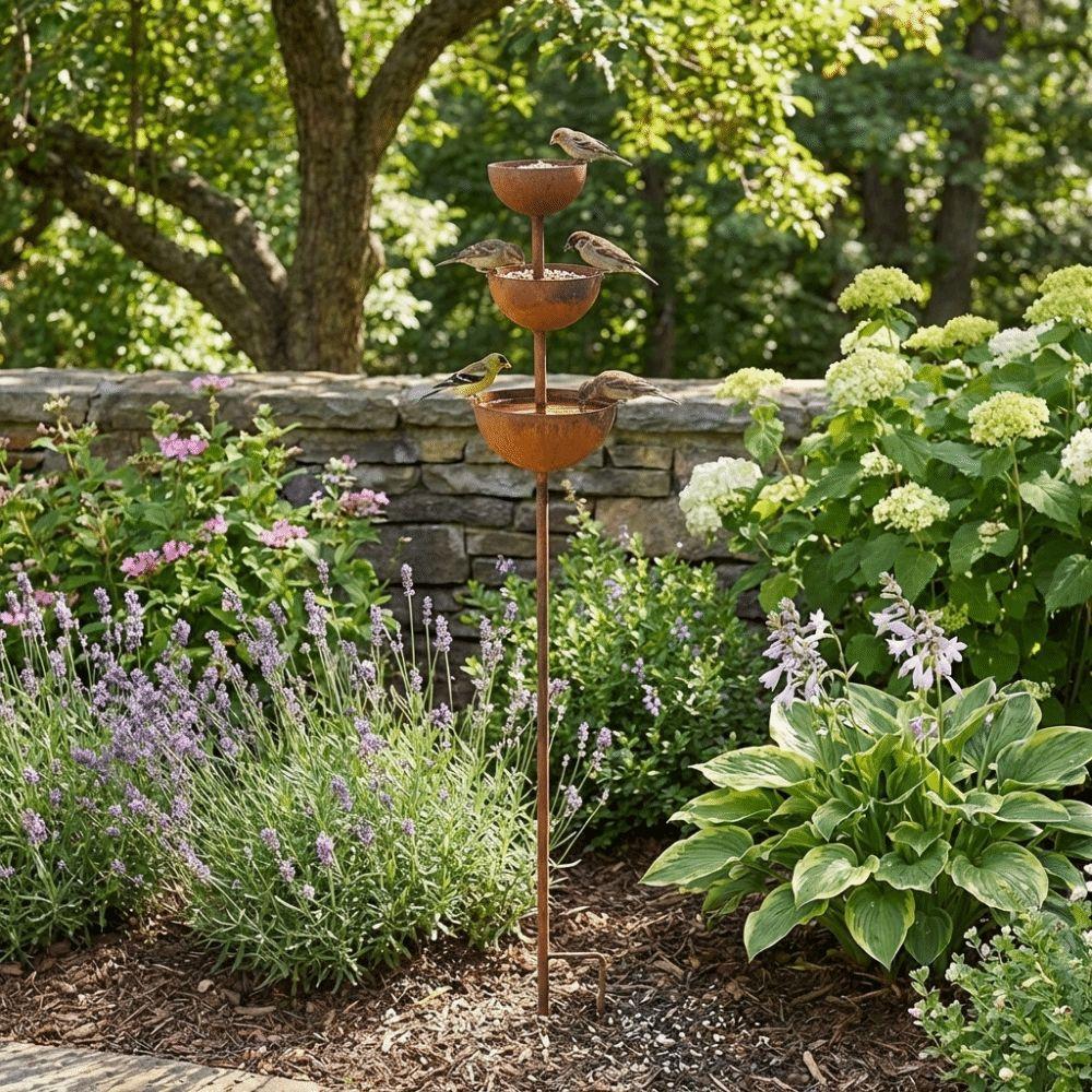 Rusted Metal Bird Bath 3-Tier Bowl Garden Rain Catcher Bird Water Dispenser Patio Backyard
