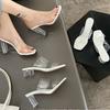 2025 New Internet Celebrity Fashion Word with Transparent High Heel Nude Sandals Women Thick Heel Crystal and Cool Slippers Outside