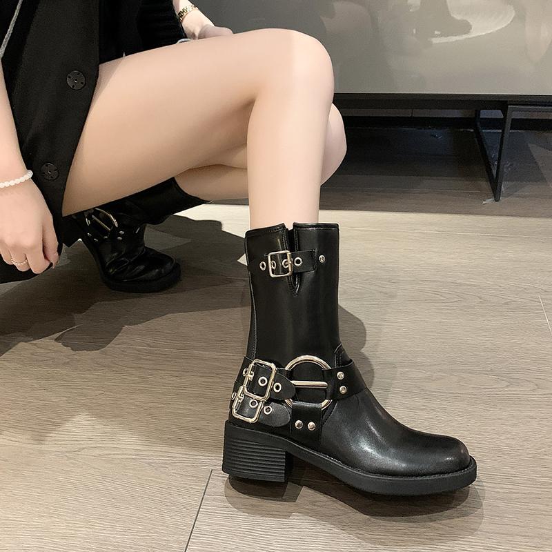 2024 Новые женские сапоги на высоком каблуке с металлической пряжкой, коричневые сапоги в стиле ретро с круглым носком и пряжкой, сапоги до колена, туфли на платформе