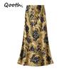 Qooth Maxi Skirt  A Line Fishtail Hem with Floral Print Elegant Elastic Waist QT2760
