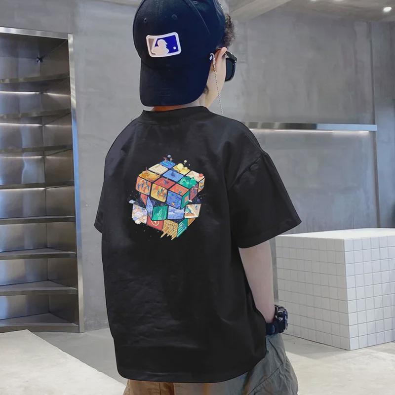 Летняя мода для мальчиков 2023 года: Дышащая футболка с коротким рукавом, свободная и легкая, для детей среднего и большого размера