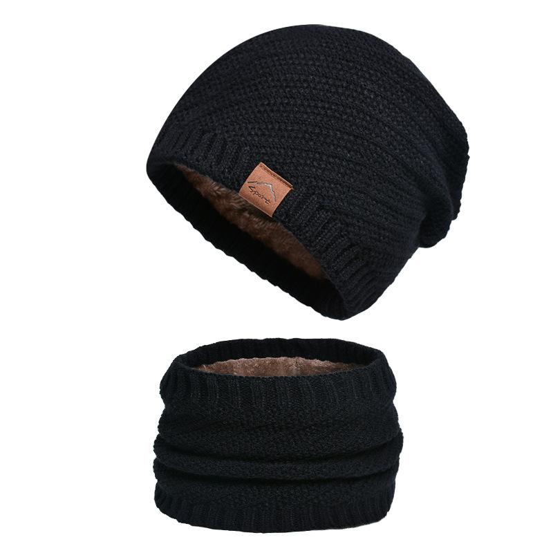 Knitted Hat Two-Piece Winter Fleece-lined Warm Hat Scarf Earflaps Slipover Woolen Cap Men