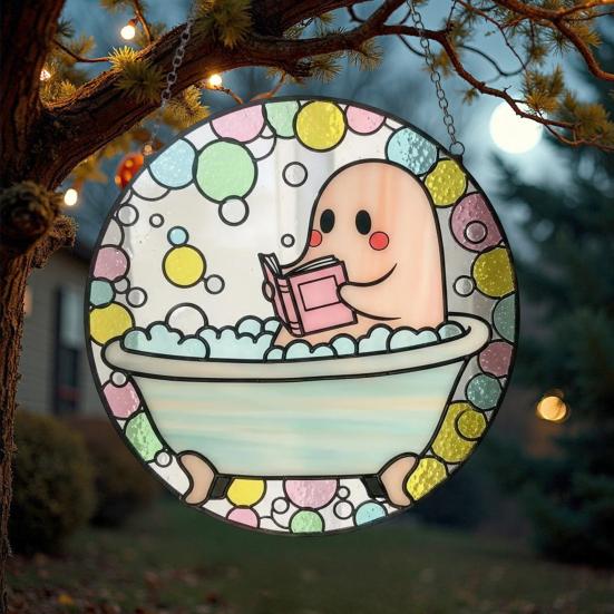 Bath-Time Ghost Reader Ornaments Cute Ghost Reading Book In A Bathtub Acrylic Hanging Suncatcher for Bathroom Window Wall Decoration