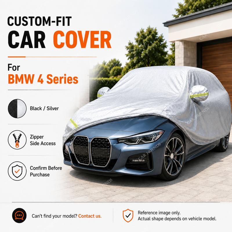 For BMW 4 Series Fit Full Car Cover Silver-Coated Oxford Fabric Side Zipper Access UV Protection Summer Sun Protection