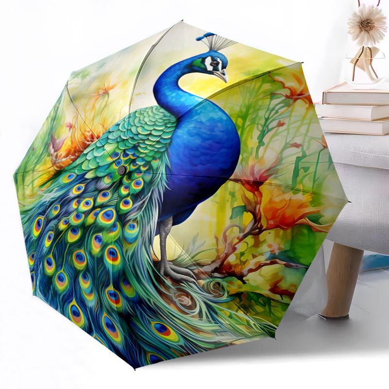 Blue Peacock Garden Outdoor Automatic Umbrella Retractable Design with 8-Rib Durability Lightweight Perfect Gift for Friends Family