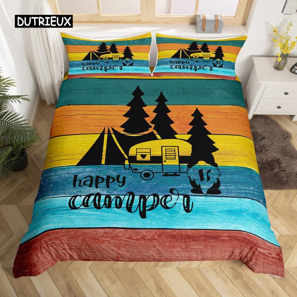 Пододеяльник в деревенском стиле с рисунком в виде эскиза, наволочка из полиэстера с рисунком Happy Camper, наволочка для пододеяльника в стиле старого амбара