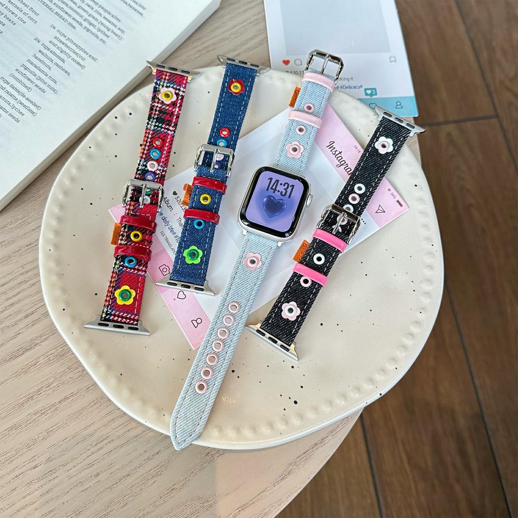 Denim Watch Band for Apple Watch Series 10 Ultra 9 8 7 SE 6 5 4 3 2 1 46mm 49mm 45mm 44mm 42mm Dopamine Flower Strap