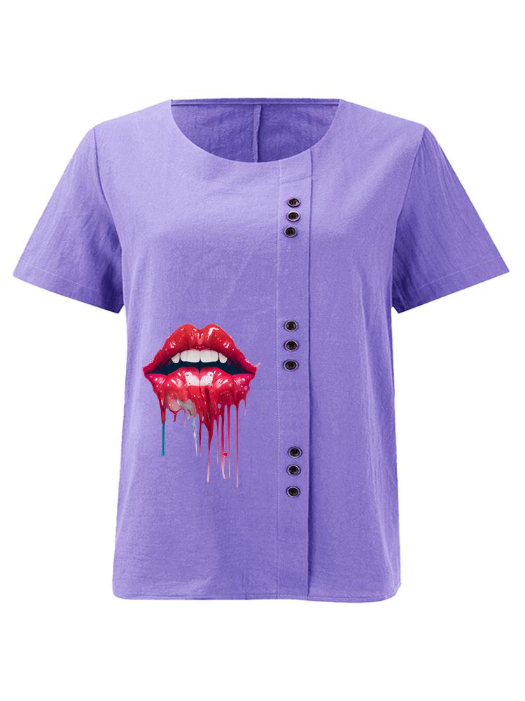 Women's Fashion Red Lips Print Round Neck Short Sleeve T-shirt Casual Cotton Linen Graphic Shirt Leisure Loose Summer Blouse Tops