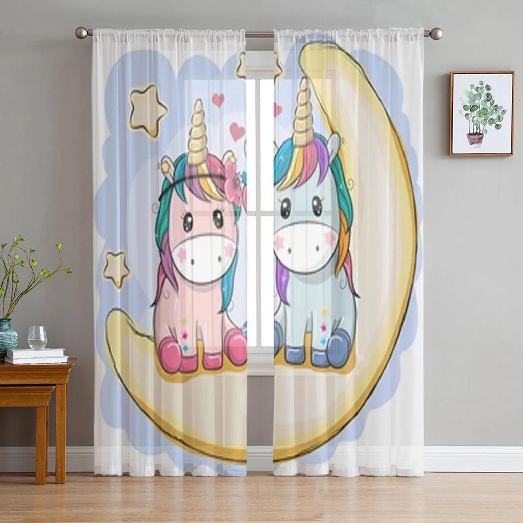 Милый мультяшный единорог с цветами, прозрачные шторы для гостиной, детская спальня, тюлевые шторы, кухонные шторы для окон