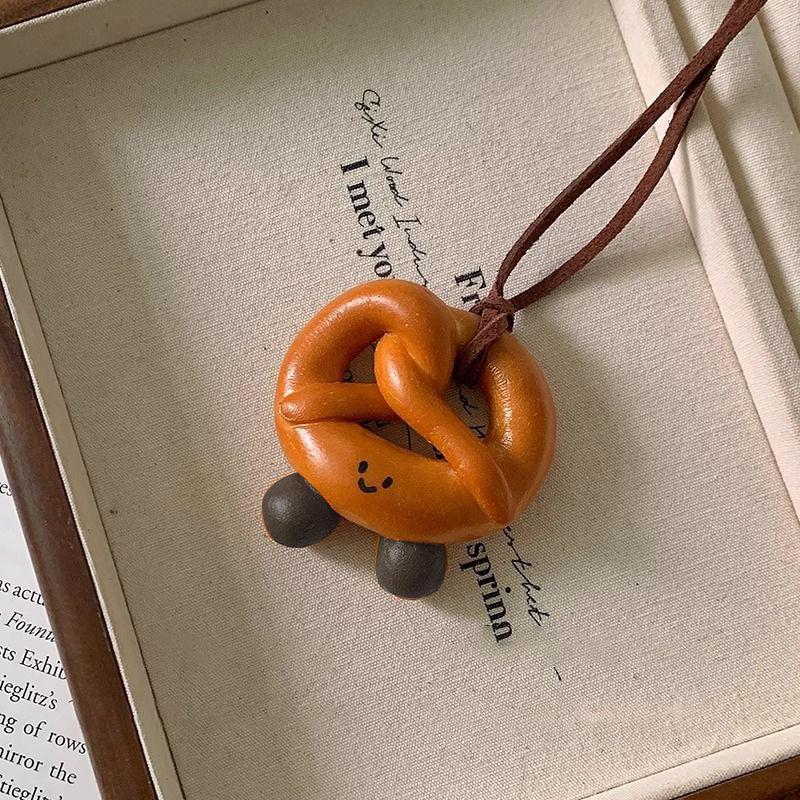 Handmade alkaline water bread pendant neck necklace croissant kink bagel bag decorative pendant deerskin rope sweater chain