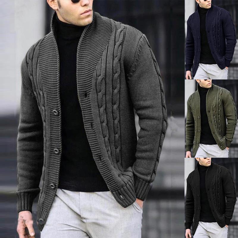 Men's Cable Knit V-Neck Cardigan Sweater with Buttons, Casual Open Front Knitwear In Dark Grey