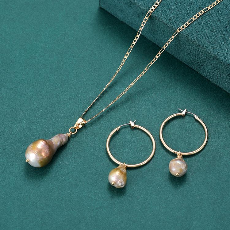 Chain Link Stainless Steel Ladies Short Necklace Sweater Freshwater Baroque Pearl Necklace Earrings Set Jewelry