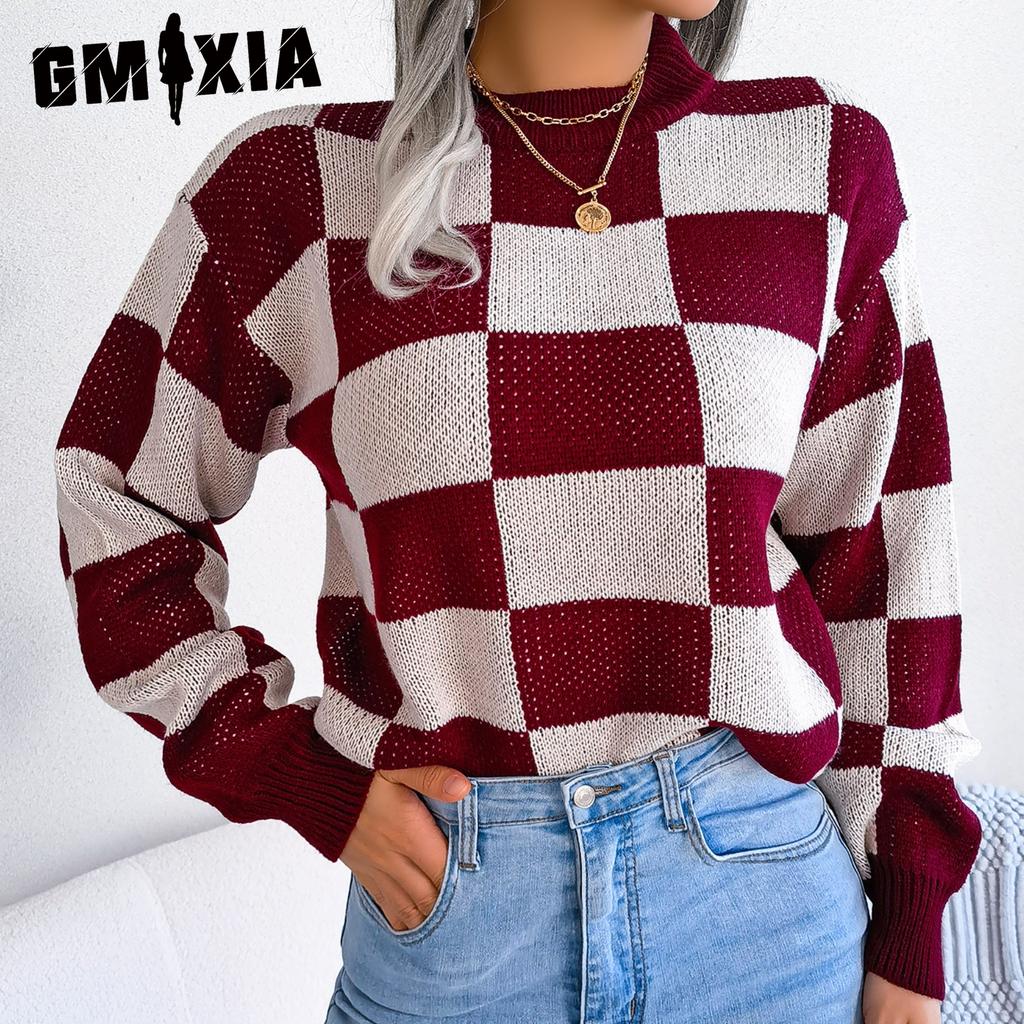 GMXIA Women's Fashion Casual Plaid Print Autumn Winter Long Sleeve Round Neck Loose Street-style Color Pullover Sweater