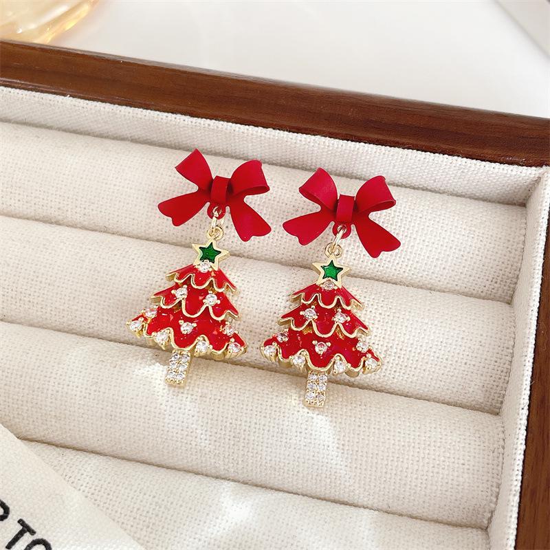 Diamond-Set Enamel Bow Christmas Tree Earrings: Silver Needle Light Luxury Studs