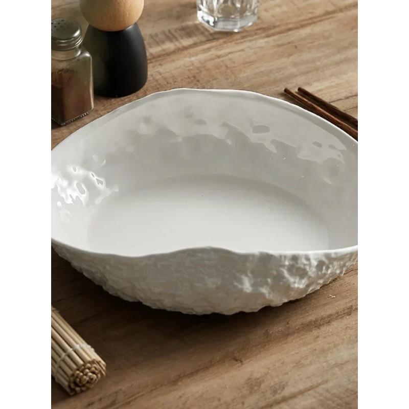 Creative White Plate Ceramic Tableware Restaurant Pasta Plate Household Dessert Stone Pattern Western Food Bowl
