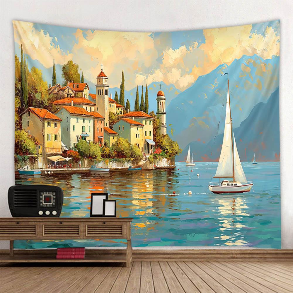 European style sea view oil painting tapestry home fabric wall hanging Bohemian landscape aesthetics living room decoration