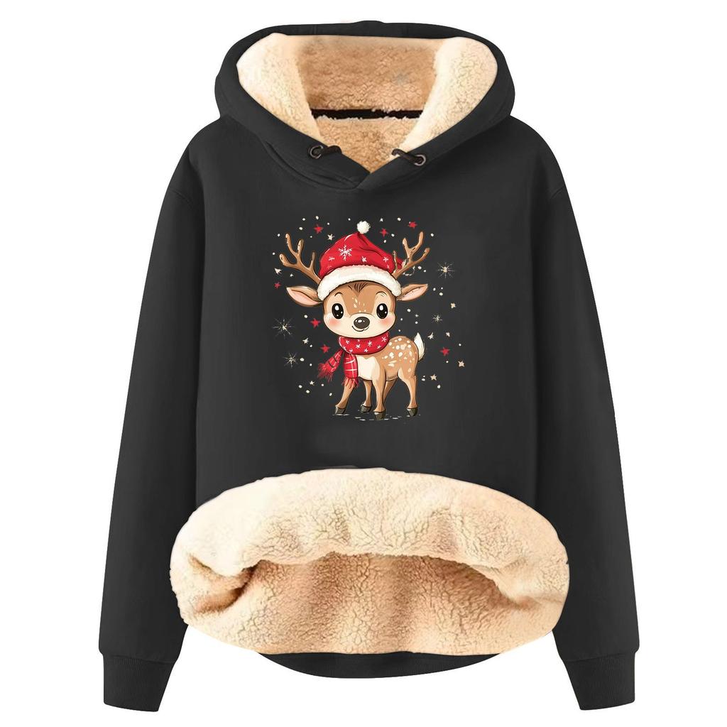 Women's Fashion Hooded Padded Thickened Warm Christmas Printed Loose Pullover Sweatshirt