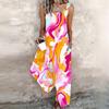 Women Plus Size Black White Khaki Printed Square Neck Sleeveless Loose Jumpsuit With Pockets Cuffed Ankle