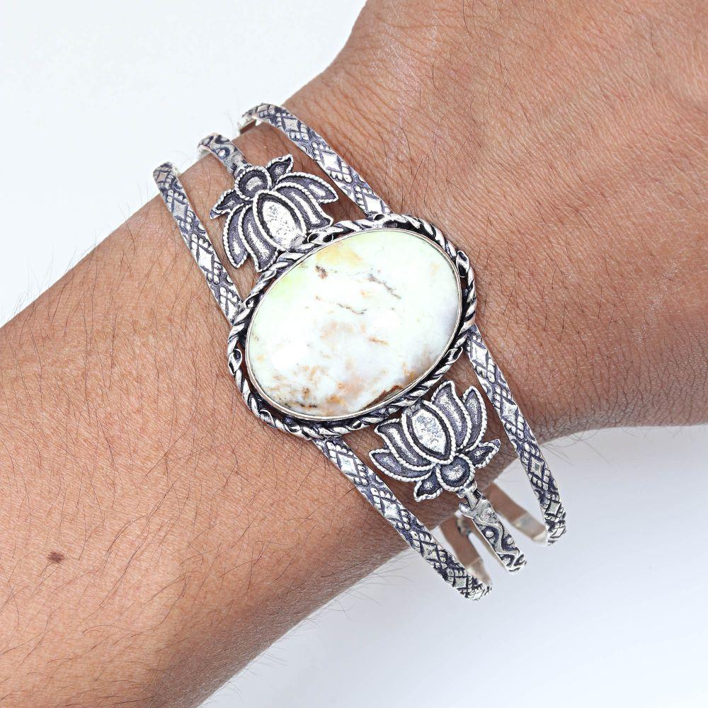 Lemon Chrysoprase Gemstone Ethnic Silver Jewelry Cuff Bracelets7''Adjustable