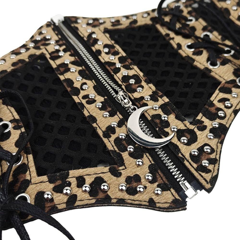 Leopard Print Cummerbund Moon Zipper Pendant Waistband Retro Wide Waist Belt Party Accessory