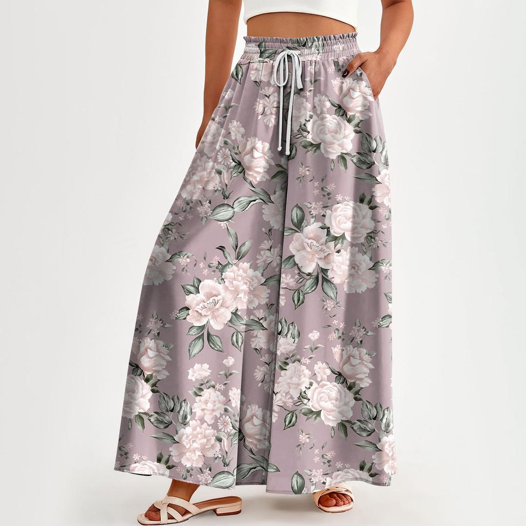 Женские брюки с высокой талией, широкие, повседневные, струящиеся брюки-палаццо, брюки с цветочным принтом и карманом