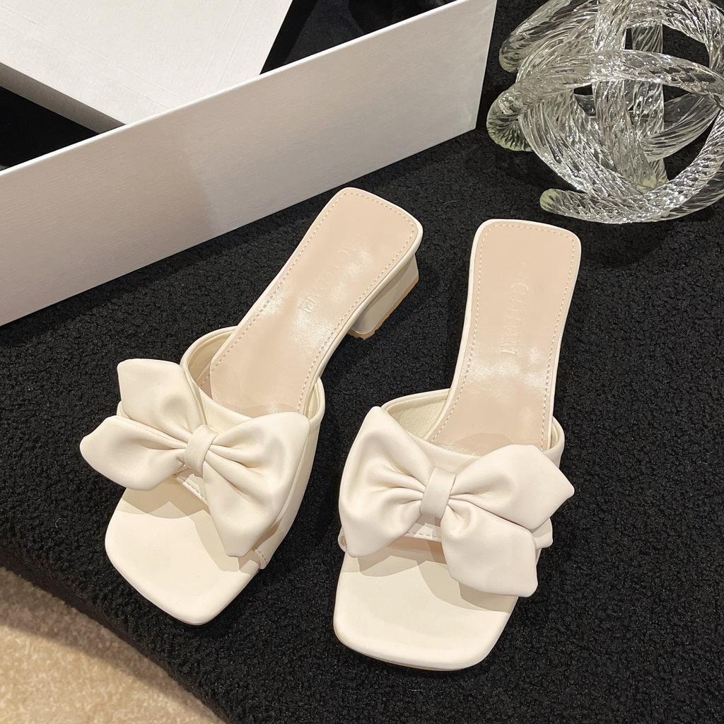 Модные босоножки 2024 года, новые летние тапочки большого размера с квадратным носком и толстым каблуком, элегантные туфли с большим галстуком-бабочкой, платье для улицы, zapatos
