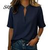 Casual Breathable Women Shirt V-neck Open Collar Short Sleeve Loose Fit Blouse Tops Pure Color Versatile Style Summer Work Wear Lightweight