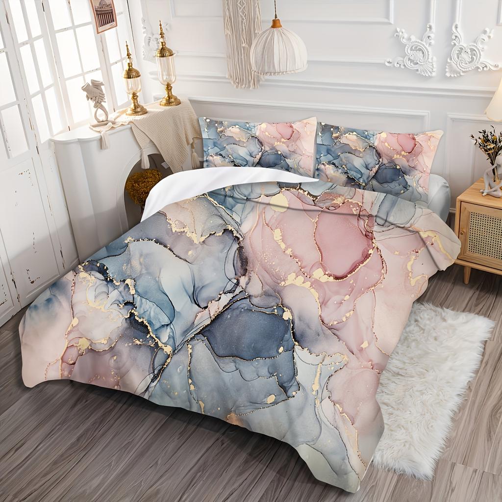 Sky Blue And Pink Mixed Mottled Marble Imitation Marble Craft Theme Quilt Cover Set Zipper Design Machine Washable