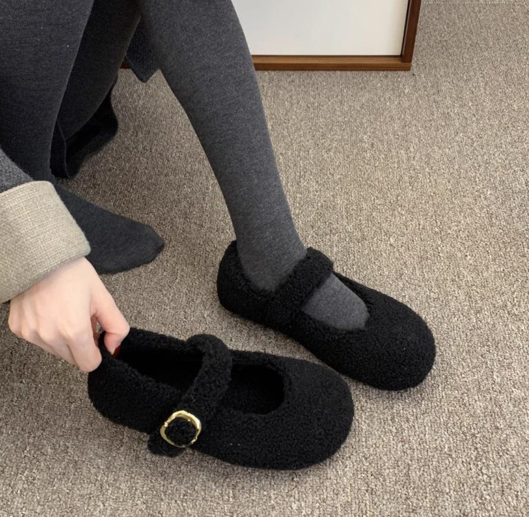 Дизайн Мех Женские Туфли Мэри Джейн Лаконичные Сохраняют Тепло Уличная Обувь Женские Удобные Хлопковые Балетки Обувь