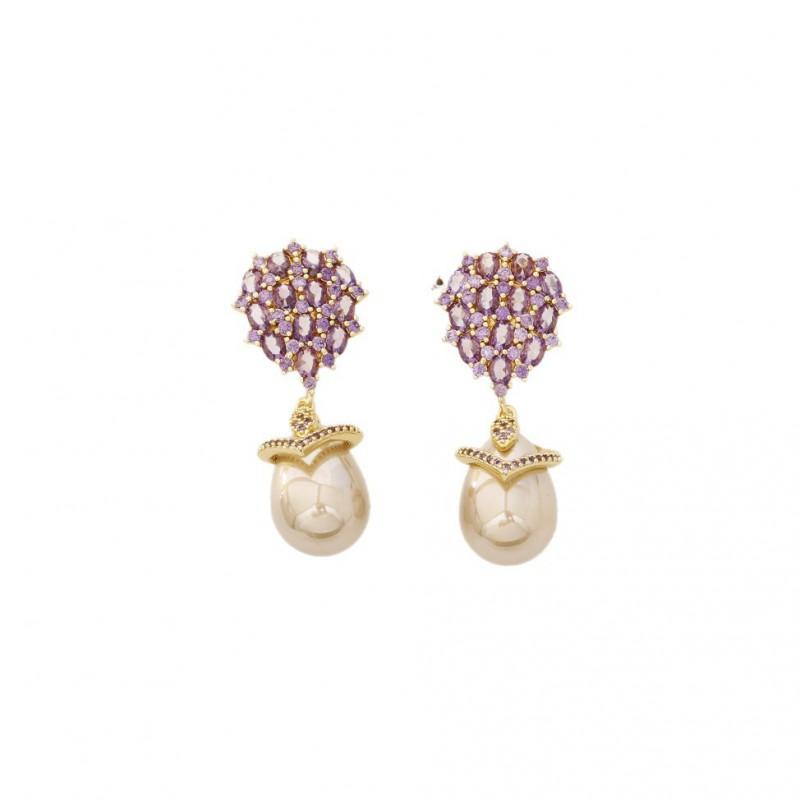 Elegant Zircon Drop Pearl Earrings Women French Vintage Style Sterling Post Gold Plated Geometric Design