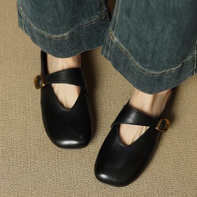 Модные ретро полушлепанцы женские 2025 лето новые элегантные квадратный носок мелкий вырез металлическая пряжка-одно слово сандалии слипоны на одну ногу